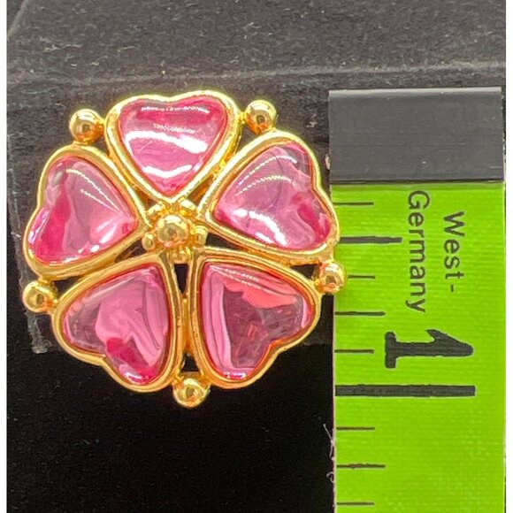 Trifari Gold-Tone Pink Heart Flower Clip-On Earrings Costume Jewelry Vintage - Picture 4 of 6